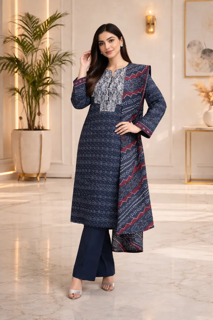 Elegant woman in navy blue kurta.webp