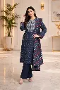 Elegant woman in navy blue kurta.webp