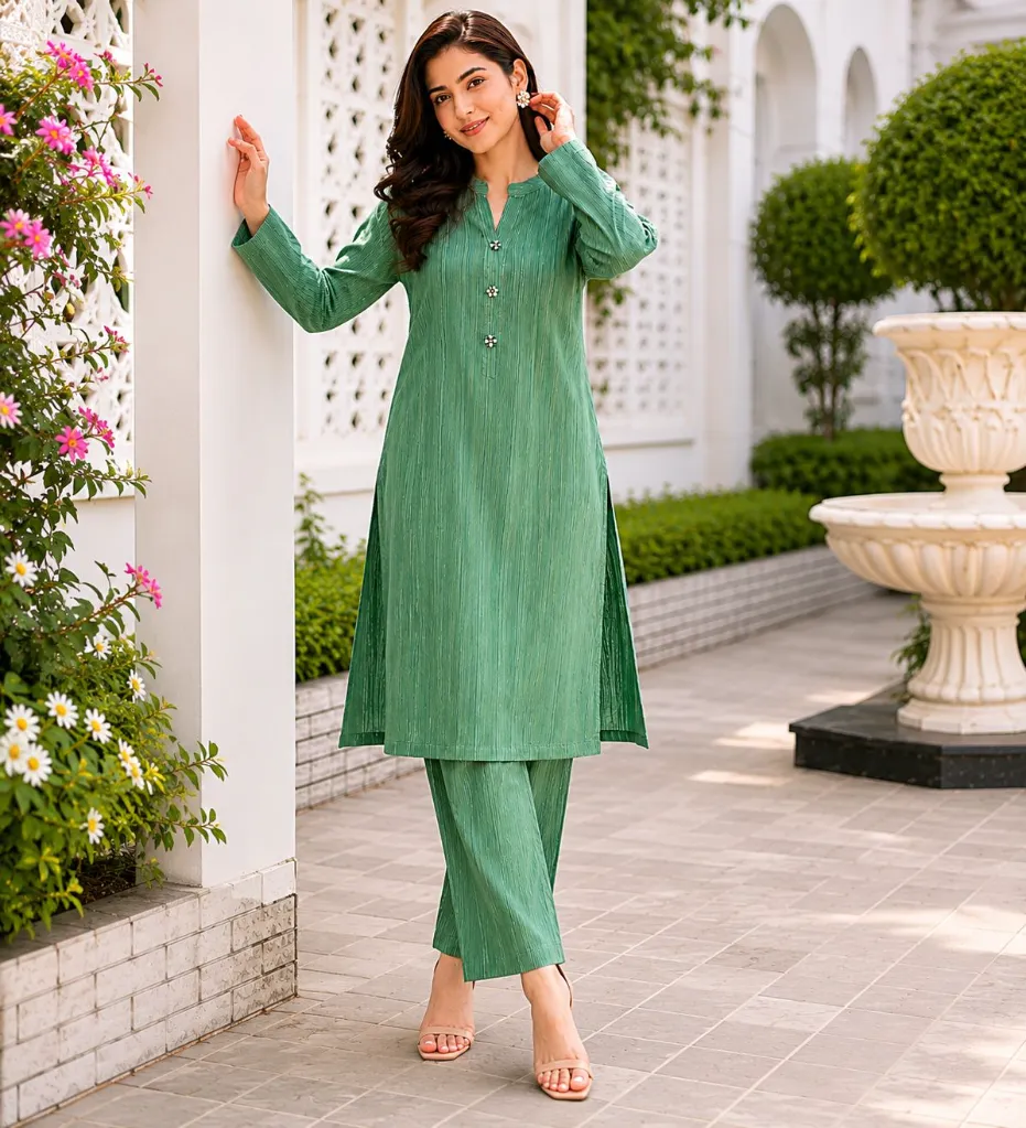 Sage green kurta set, textured co-ord set, daily wear kurta, office wear suit, Shopit women’s ethnic wear, summer cotton kurta set