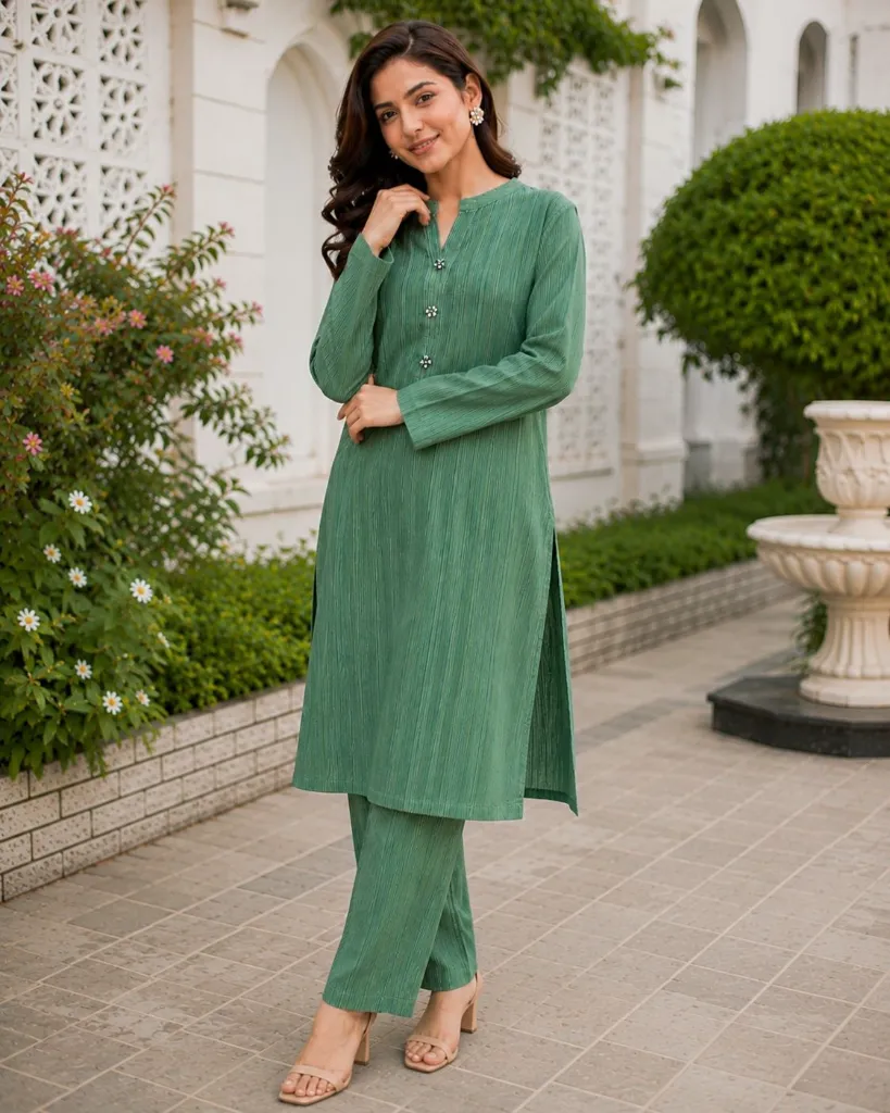 Sage green kurta set, textured co-ord set, daily wear kurta, office wear suit, Shopit women’s ethnic wear, summer cotton kurta set