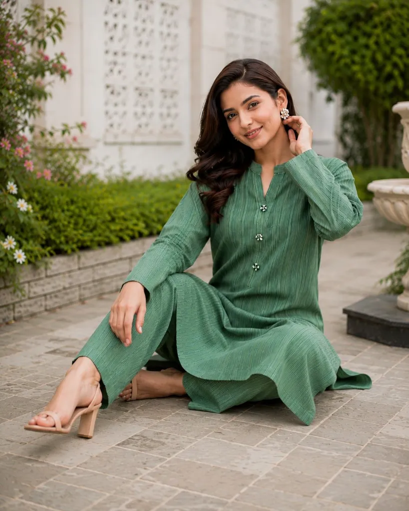 Sage green kurta set, textured co-ord set, daily wear kurta, office wear suit, Shopit women’s ethnic wear, summer cotton kurta set
